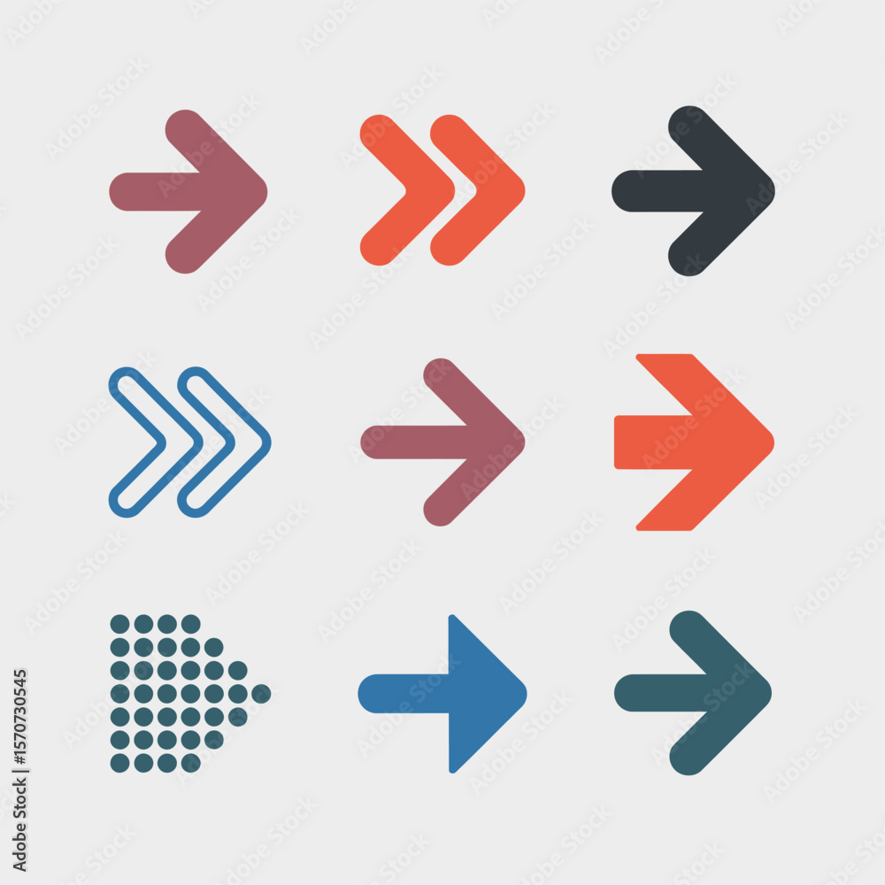 Poster nine colorful arrow icons set in a 3x3 grid on a light gray background featuring various arrow style