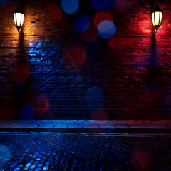 Atmospheric Night Alley with Red and Blue Lantern Lights Against Textured Brick Wall