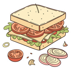 Layered sandwich with tomato lettuce and cheese onion