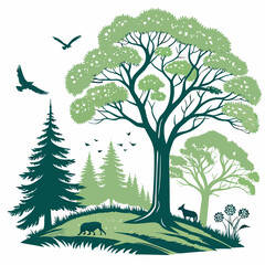 Lush forest scene with animals and birds trees nature