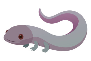 Cute cartoon axolotl with purple tail and gray body