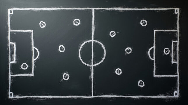 A soccer field strategy is meticulously drawn in white chalk on a dark chalkboard, showcasing the game plan with formations and tactics for an upcoming match