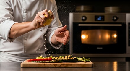 Chef squeezing lemon juice over grilled vegetables on a wooden board