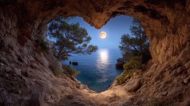 Panoramic view through heart shaped coastal cave opening onto moonlit sea under star filled night sky - Powered by Adobe