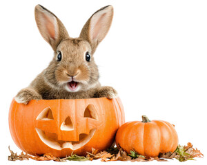 Rabbit pumpkin jack o lantern autumn leaves cute animal Halloween orange festive isolated joyful playful seasonal celebration fall nature outdoors cheerful pet