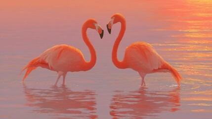 Naklejka premium Two Flamingo Birds Standing in Shallow Water Forming Heart Shape at Sunset in Tropical Wetland Landscape