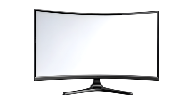 Modern curved computer monitor with blank white screen isolated on transparent background, minimalist display for design or tech mockup

