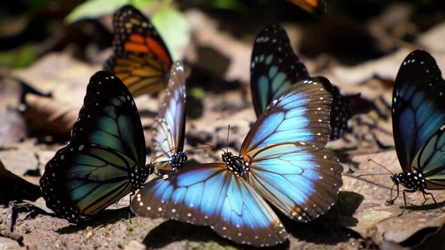 plusieurs papillons pos&eacute;s sur le sol