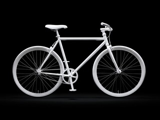 Fototapeta premium A sleek, minimalist white fixed-gear bicycle, isolated on a black background, showcasing its clean lines and simple design