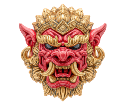 Ceremonial mask red and gold fierce expression traditional Thai art ornate detail cultural heritage mythological creature festival dramatic decorative