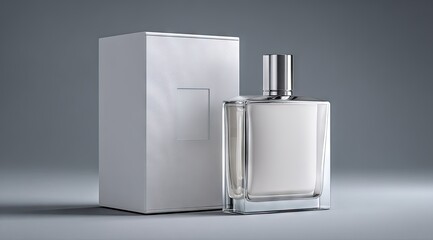 A sleek, rectangular perfume bottle with a clear glass body and silver cap rests beside its minimalist white box on a neutral gray background