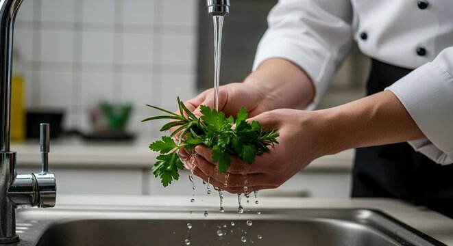 Chef washing fresh herbs under running water in a kitchen sink (1)