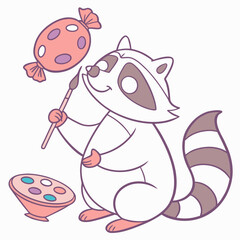Cute Relaxed Racoon, accessorized with holding a paintbrush, in a Birthday world – Candy Shop palette vector