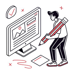 Person with large pencil near computer and check mark graphic design illustration