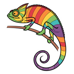Rainbow chameleon perched on branch with swirling tail reptile animal