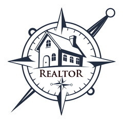 Realtor house compass logo dark blue and maroon home navigation
