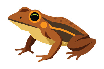 A stylized illustration of a brown frog with orange markings and green eyes