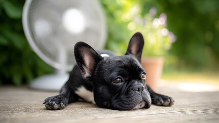 Fototapeta premium French Bulldog Cooling Off by Electric Fan — Summer Heat Escape, Pet Relaxation, and Cozy Contrast of Wood and Green Foliage