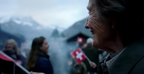 Elderly Woman Celebrates Swiss National Day in a Mountain Village