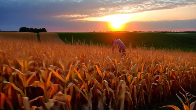 Person walking through golden wheat field at sunset