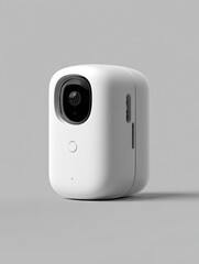 A sleek, white, cube-shaped security camera with a single lens, subtly rounded edges, and a small slot suggesting an SD card reader, sits on a neutral background
