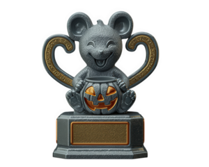 Mouse trophy Halloween pumpkin smiling gray gold accent cute cartoon isolated festive celebration joyful award object playful fun decorative collectible unique creative cheerful fantasy