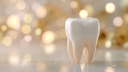 White tooth model displayed on a reflective surface with golden bokeh lights in the background during a dental event