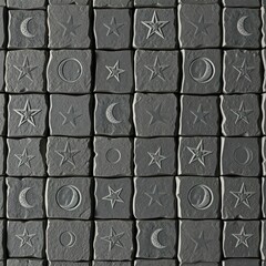 Stylized stone grid with engraved stars and moons, enchanted the