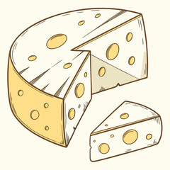 Round cheese wheel with wedges and holes dairy food