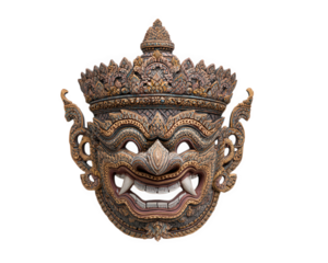 Traditional Thai giant mask with intricate gold patterns, large fangs, and ornate crown, used in classical dance drama, exuding fierce and majestic expression
