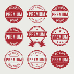 Obraz premium Nine Red Premium Quality Stamps Collection Grunge Style Design Elements Top Quality Best Quality Premium Quality Circular and Ribbon Badges Vector Graphics