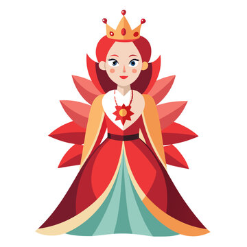 Royal queen with flower cape and crown red dress