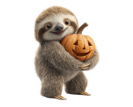Sloth animal pumpkin Halloween cute furry smiling isolated autumn festive sloth hugging carved pumpkin with joyful expression perfect for Halloween and autumn themed designs - Powered by Adobe