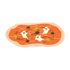 Playful flat vector illustration of Halloween pizza with ghost-shaped mozzarella, olive eyes and basil