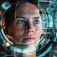Woman analyzing a detailed digital interface, fully engaged in the data-driven world.
