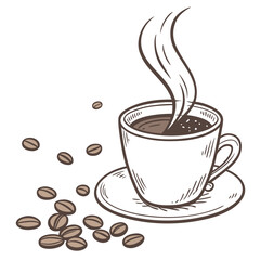 Obraz premium Steaming Coffee Cup with Scattered Beans coffee beans beverage