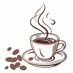 Steaming coffee cup with beans saucer