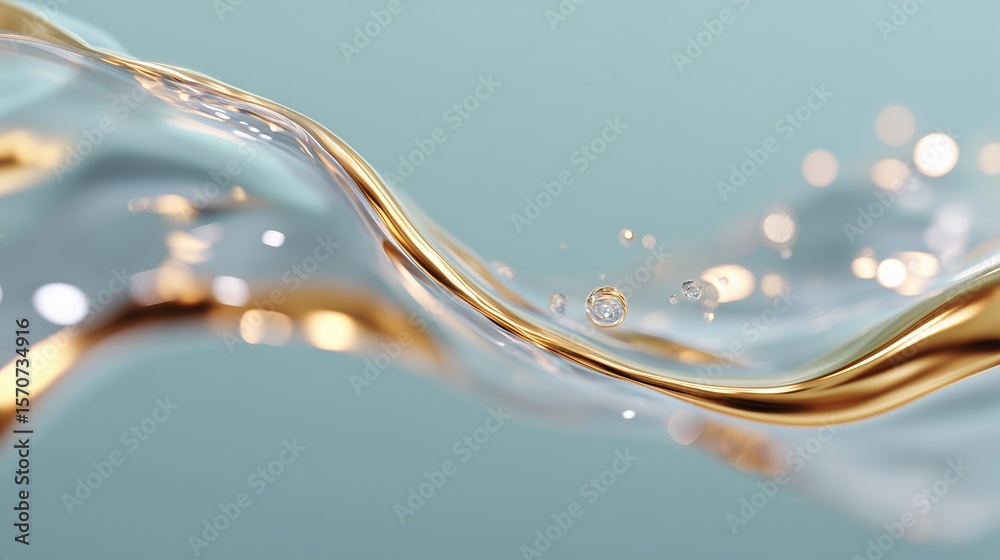 Poster flowing liquid creates dynamic patterns with shimmering highlights against a soft background