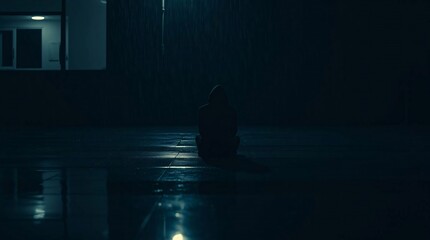 Person sitting alone in dark room with window light