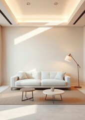 Cozy mockup living room with white sofa two small side tables and a floor lamp all in beige tones perfect background for interior design photography Empty room interior design Ultra realistic P