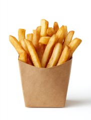 A small, light brown paper carton overflowing with golden-brown, crispy, thick-cut french fries against a stark white background