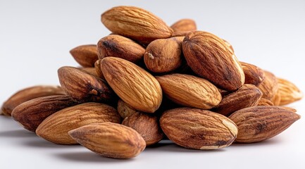 A small pile of light brown almonds sits on a white background, showcasing their oblong shape and textured surface.  The almonds are slightly varied in size and shade