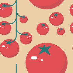 Fresh Tomato Pattern: Seamless Vegetable Background. A repeating design of red ripe tomatoes, some on vines and others scattered, on a light beige background