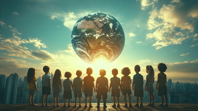 Children silhouettes looking at world planet illustration