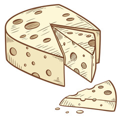 Yellow cheese wedge with holes and slice dairy food