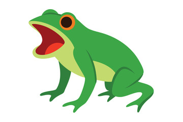 Cartoon green frog with mouth wide open and big orange eyes