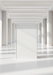 Fototapeta premium White square book mockup front view with blank hard cover standing on white table 3d rendering Empty room interior design architecture blank design room striking structures clean lines geometri