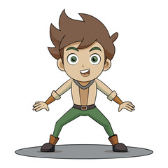 Young boy with brown hair and green eyes in adventure attire cartoon character