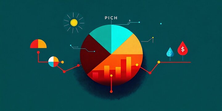 Colorful pie chart with business data and financial growth analysis.