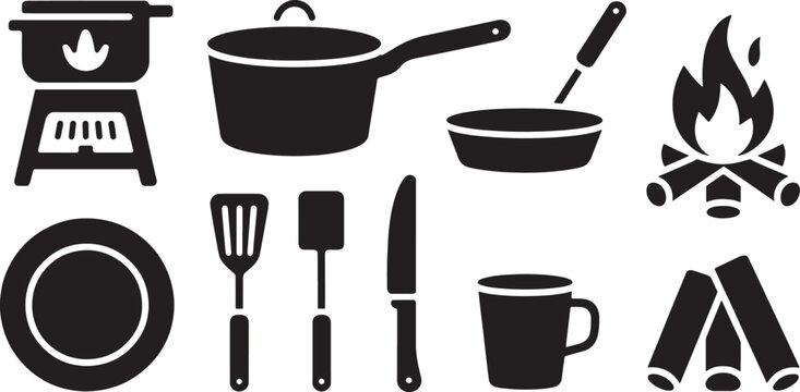  Basic Kitchen Cookware and Utensils Icons Set